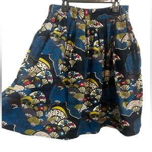 Grace Karin A-Line Skirt in Navy Blue with Olive and Red Fan Print